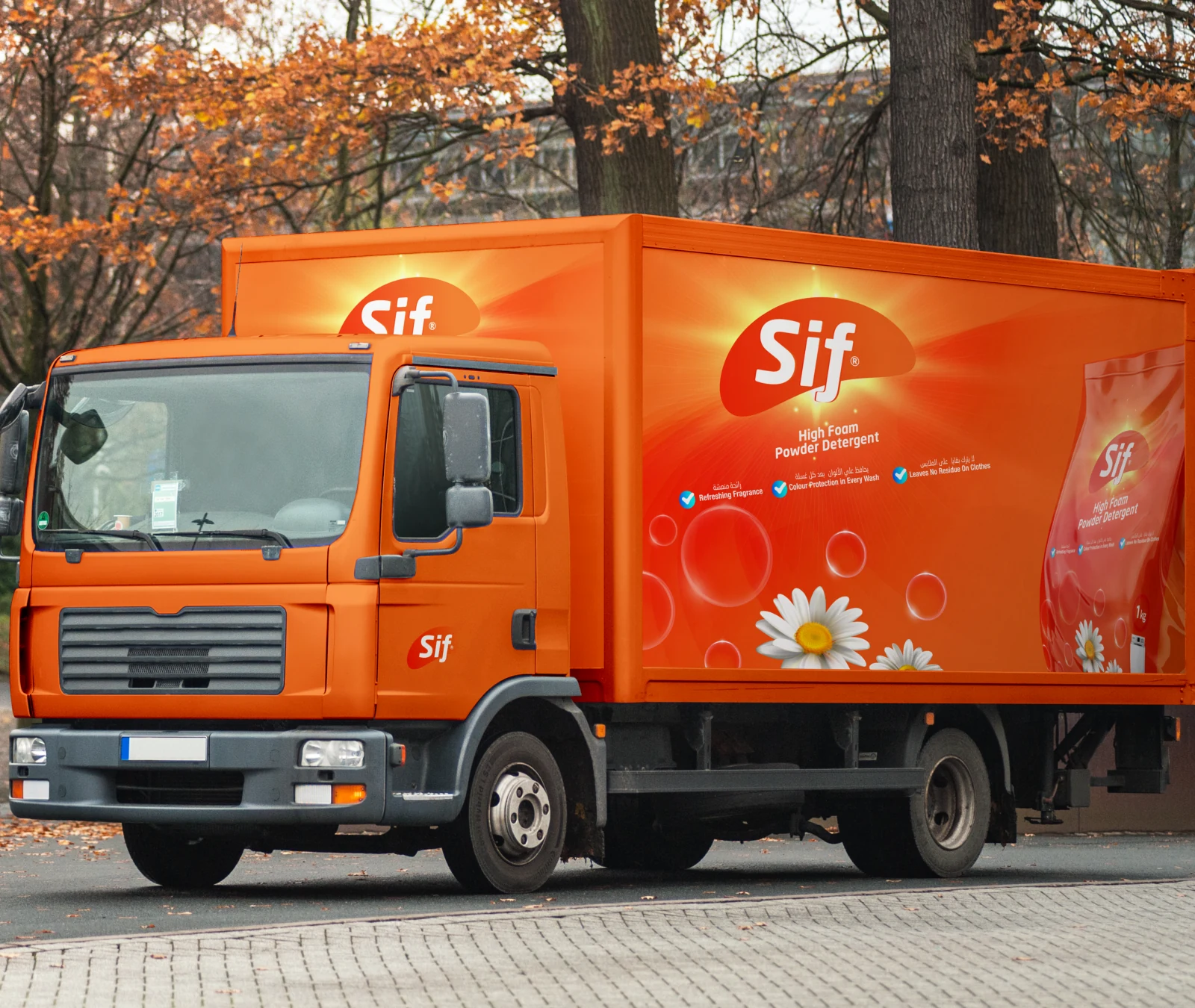 Delivery truck livery extends the packaging language to transport.