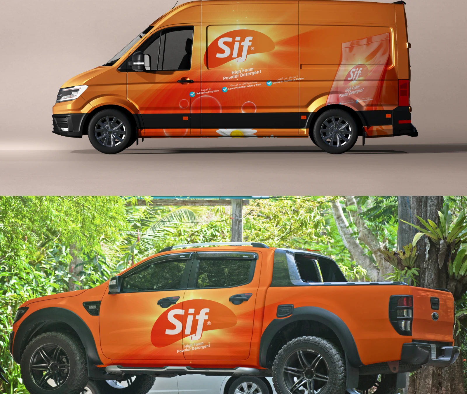 Coordinated van and pickup branding.